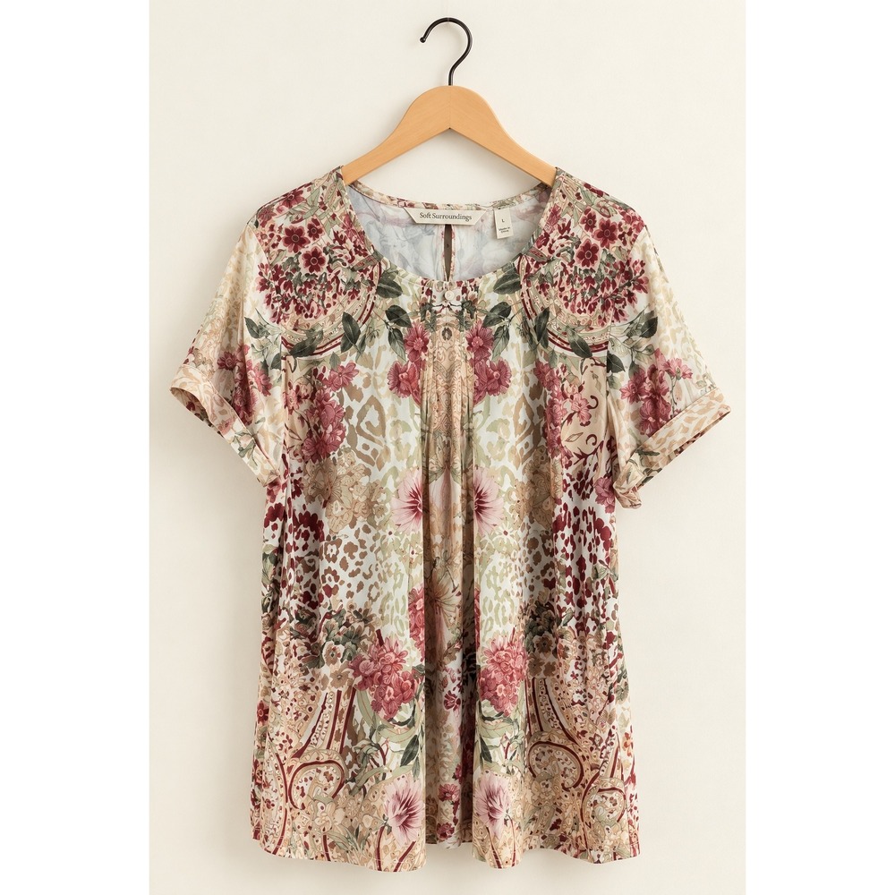 Soft Surroundings Womens Floral Paisley Leopard Print Top Short Sleeve Large